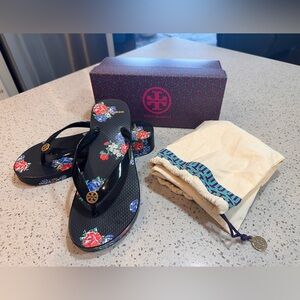 Tory Burch Cut-Out Wedge Flip Flop Sandals in Black/Tea Rose Size 8
